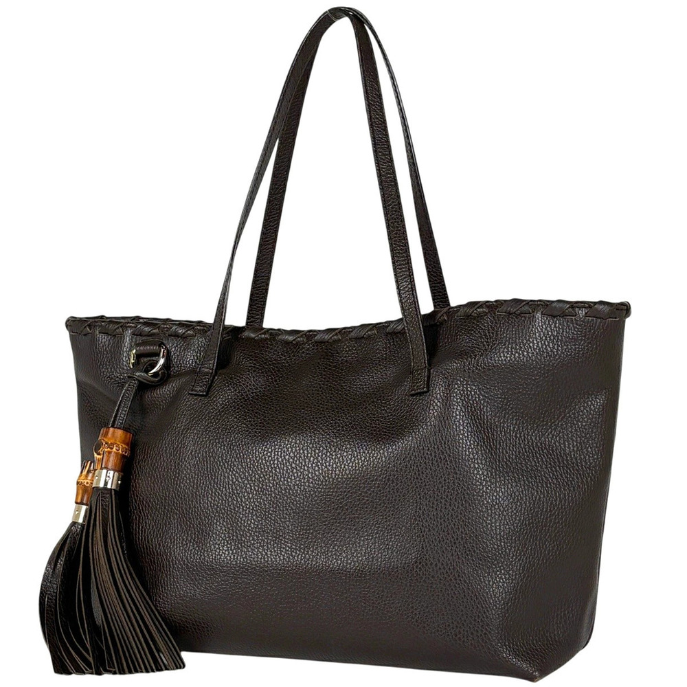 Gucci Bamboo Tote Bag Tassel Fringe Leather Brown